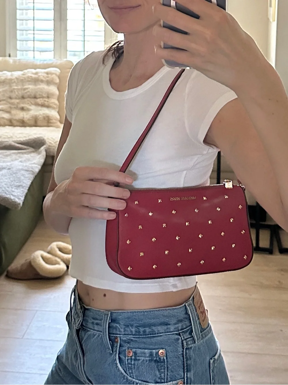 Michael Kors Red Studded Baguette Shoulder Bag Gold Hardware